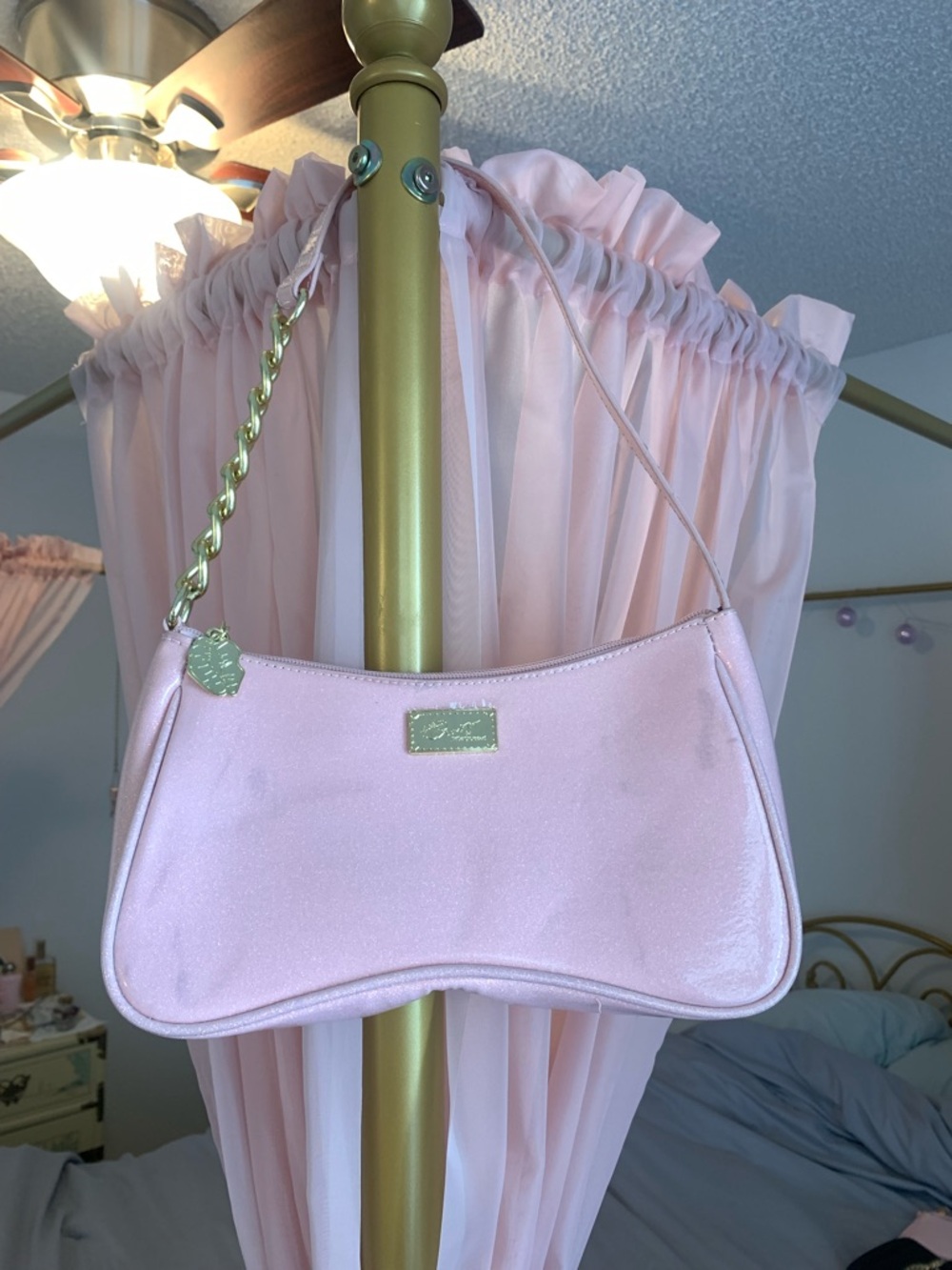 Betsey Johnson Light Pink Mini Shoulder Bag with Gold Chain Detail